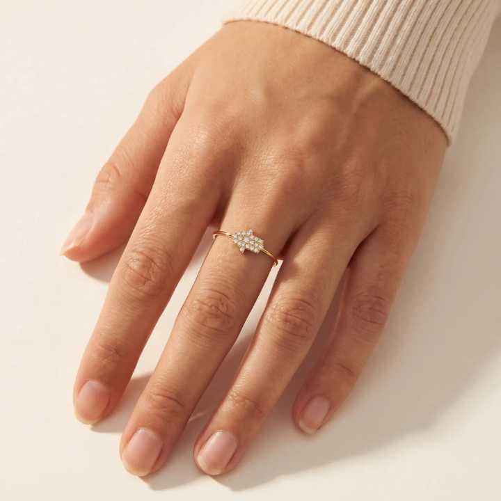 Adjustable diamond hamsa ring in 14k gold, front view by Alef Bet