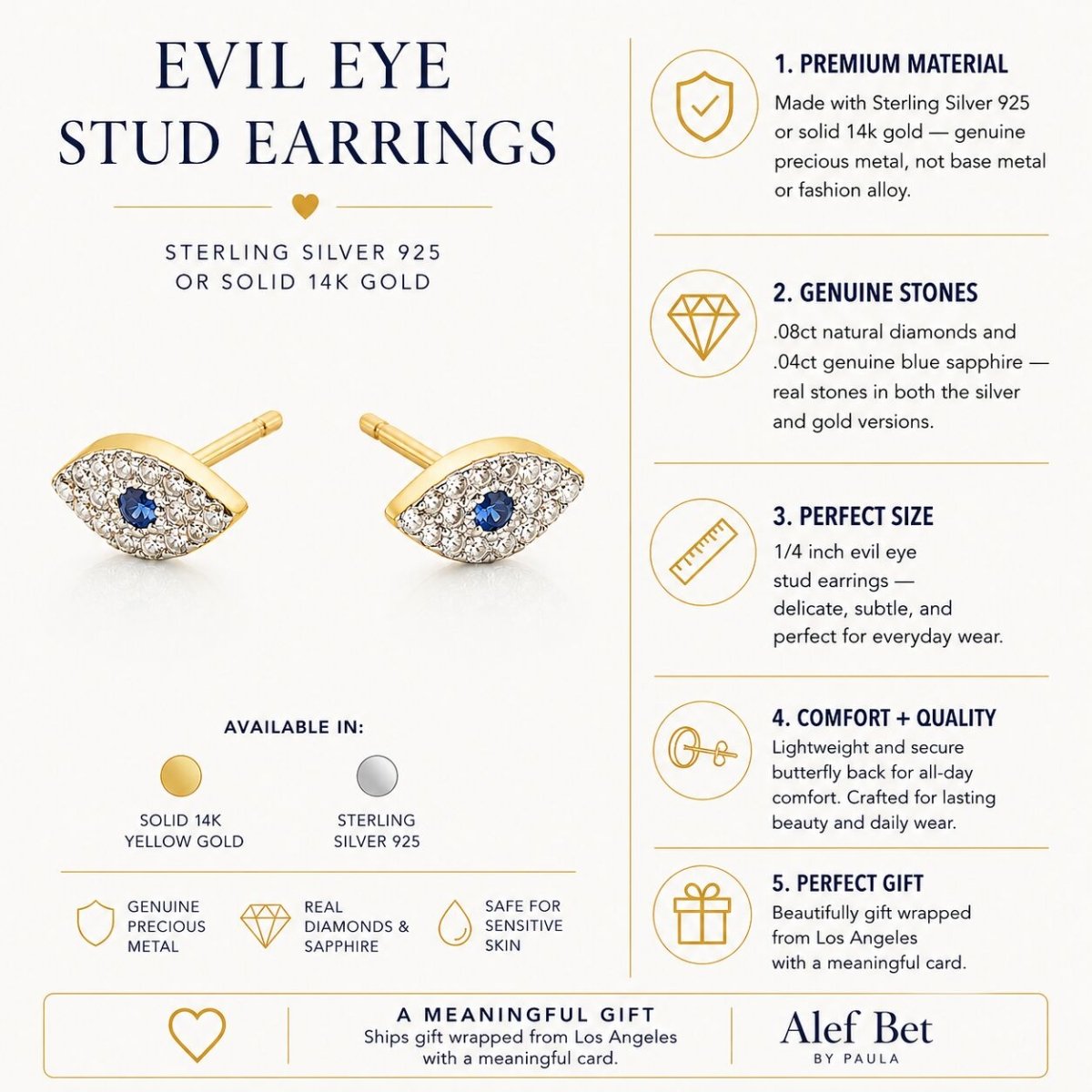 14k Gold Diamond Sapphire Evil Eye Stud Earrings | Alef Bet