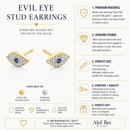 14k Gold Diamond Sapphire Evil Eye Stud Earrings | Alef Bet