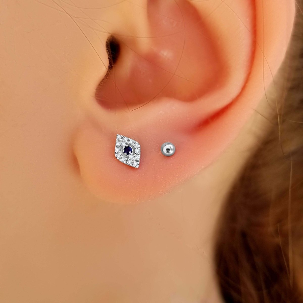 14k Gold Diamond Sapphire Evil Eye Stud Earrings | Alef Bet