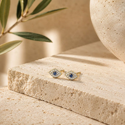 14k Gold Diamond Sapphire Evil Eye Stud Earrings | Alef Bet