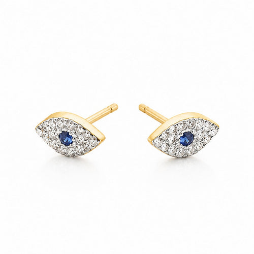 14k Gold Diamond Sapphire Evil Eye Stud Earrings | Alef Bet