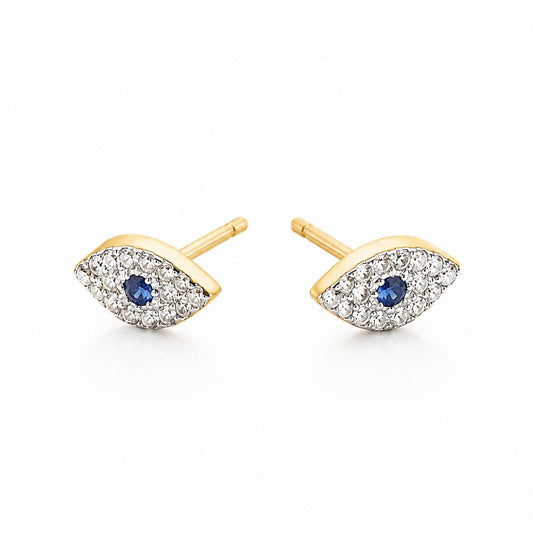 14k Gold Diamond Sapphire Evil Eye Stud Earrings | Alef Bet