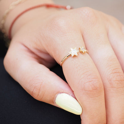 Worn With Pride Every Day, Double Star of David Natural Diamond Ring in Solid 14k Yellow Gold