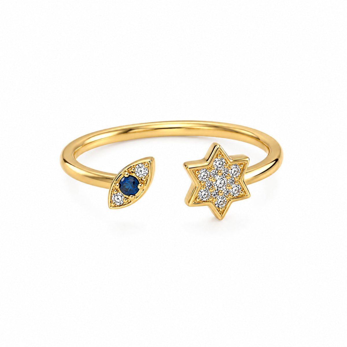 14k Gold Evil Eye and Star of David Diamond Ring