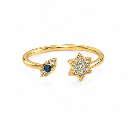 14k Gold Evil Eye and Star of David Diamond Ring