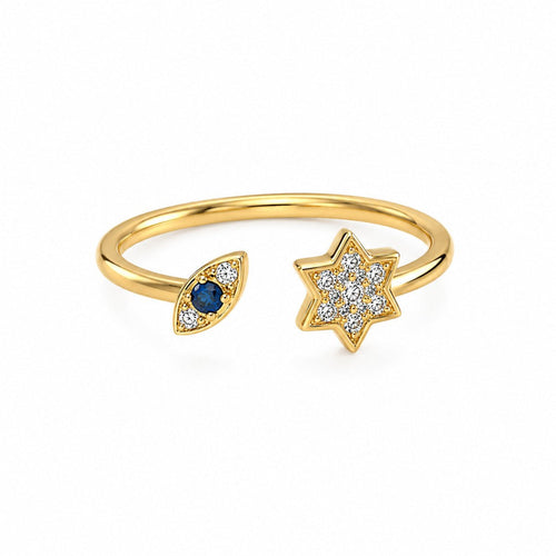 14k Gold Evil Eye and Star of David Diamond Ring