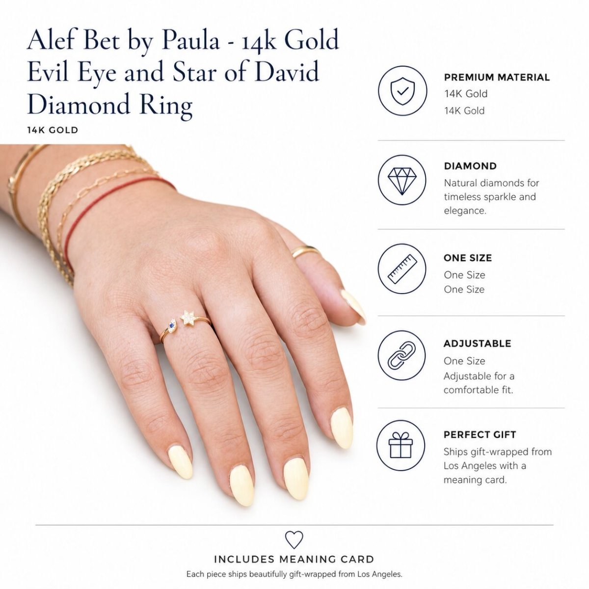 14k Gold Evil Eye and Star of David Diamond Ring