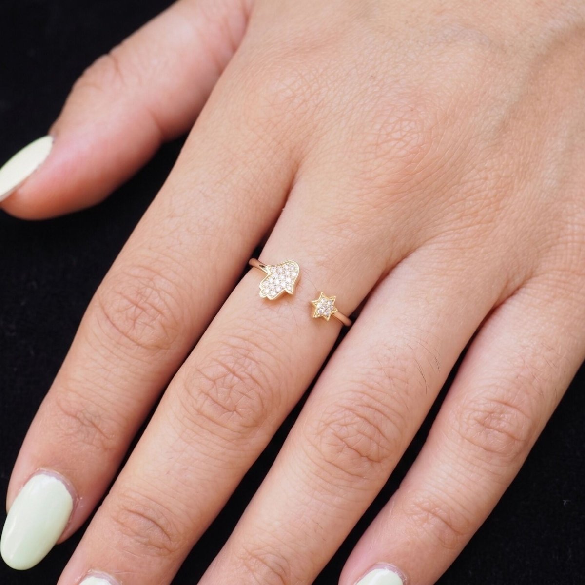 14k Gold Hamsa and Star of David Diamond Ring