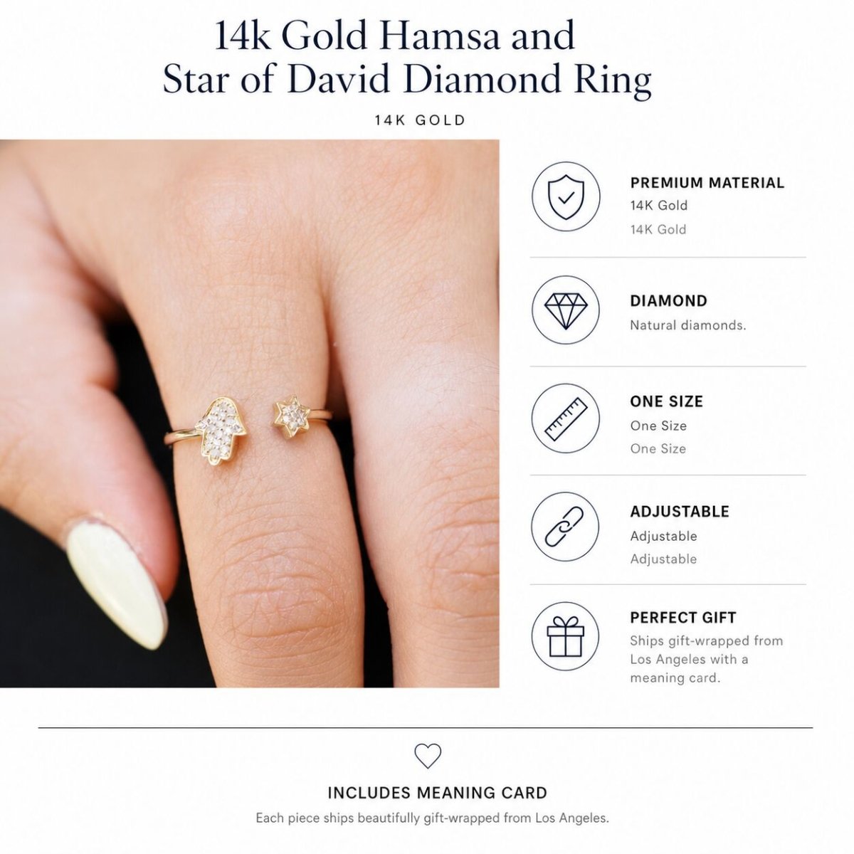 14k Gold Hamsa and Star of David Diamond Ring
