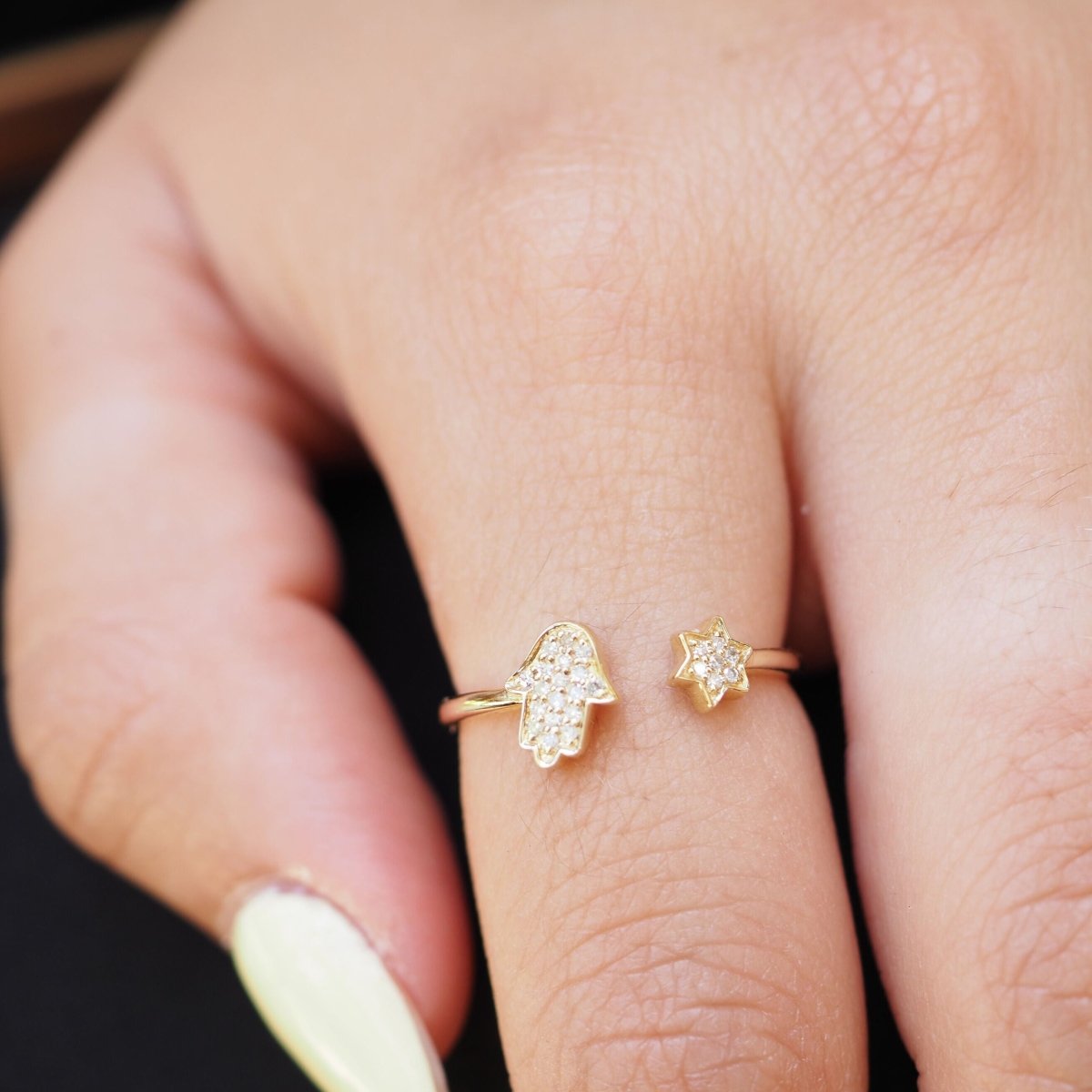 14k Gold Hamsa and Star of David Diamond Ring