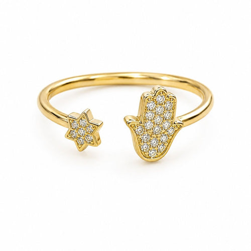 14k Gold Hamsa and Star of David Diamond Ring