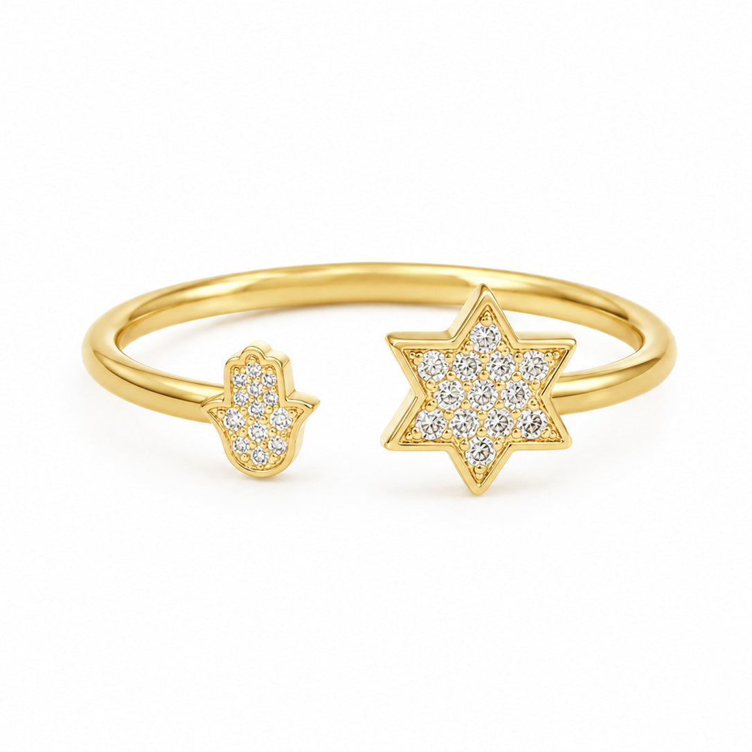 Worn every day and kept for years, solid 14k yellow gold Star of David and Hamsa Diamond Ring with natural pave diamonds