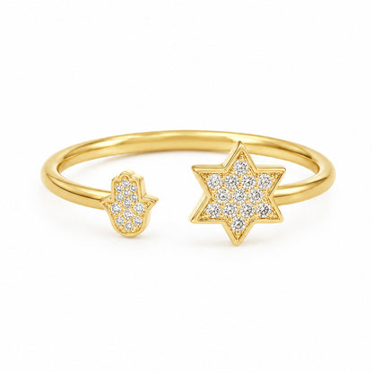 Worn every day and kept for years, solid 14k yellow gold Star of David and Hamsa Diamond Ring with natural pave diamonds