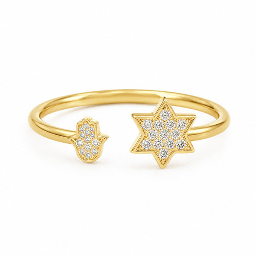 Worn every day and kept for years, solid 14k yellow gold Star of David and Hamsa Diamond Ring with natural pave diamonds