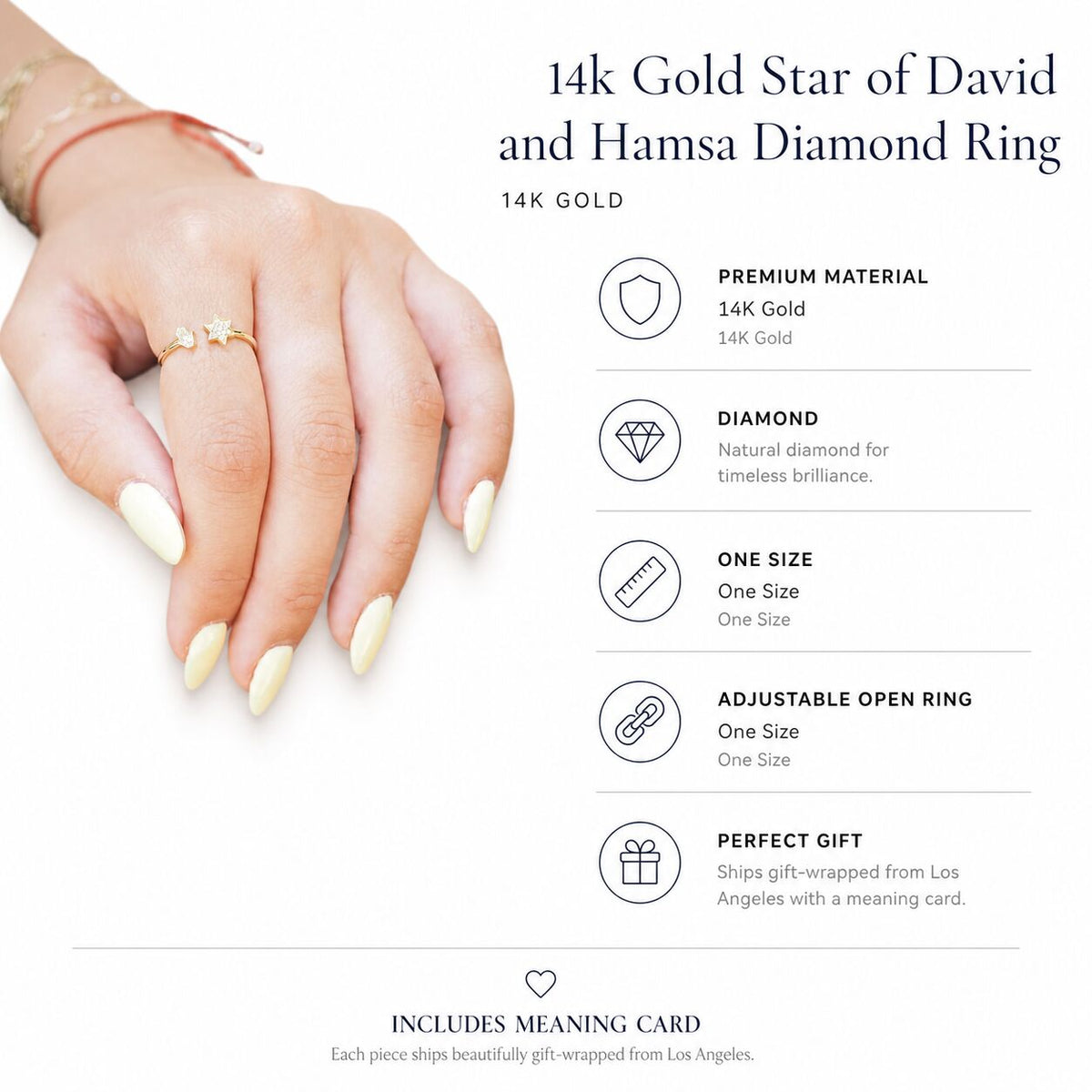 Worn every day and kept for years, solid 14k yellow gold Star of David and Hamsa Diamond Ring with natural pave diamonds