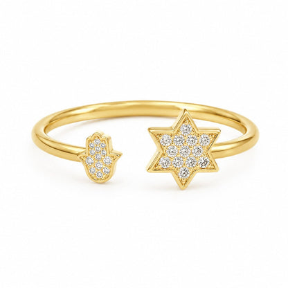 14k Gold Star of David and Hamsa Diamond Ring