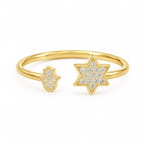 14k Gold Star of David and Hamsa Diamond Ring