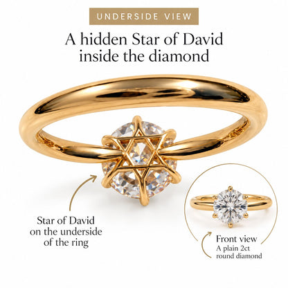 2 Carat Round Ring with Hidden Star of David, Handmade in Israel, 14k White Gold