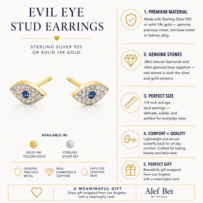 Evil Eye Diamond and CZ Stud Earrings in 14k Gold Plated Sterling Silver 925, protection made beautiful every day