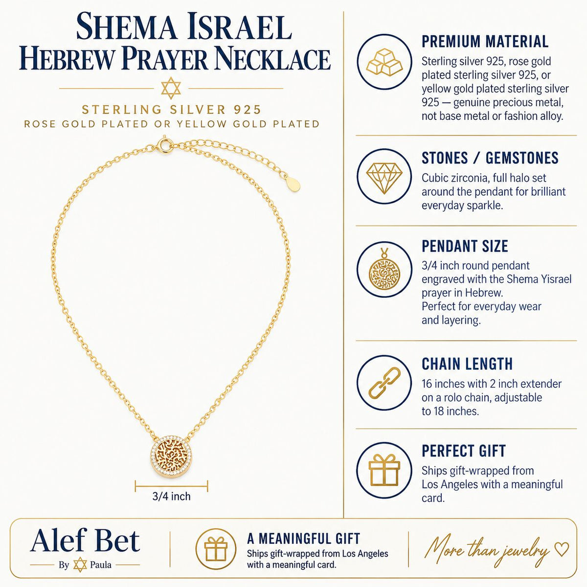 Sterling silver Shema Israel pendant on CZ pave rolo chain by Alef Bet