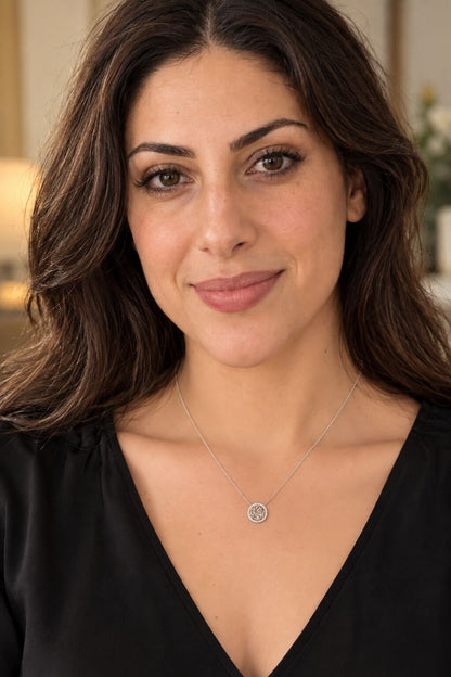 Hebrew prayer necklace in sterling silver featuring bezel-set cubic zirconia links by Alef Bet