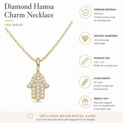 Hamsa hand pendant necklace in polished gold with diamond inlay by Alef Bet
