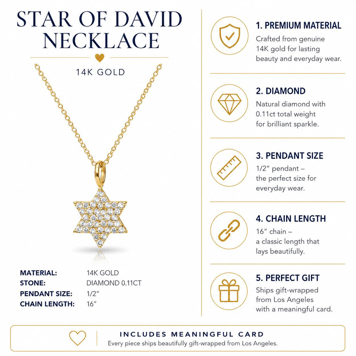 Diamond Jewish star necklace in 14k gold with high-polish finish by Alef Bet