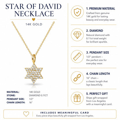 Diamond Jewish star necklace in 14k gold with high-polish finish by Alef Bet