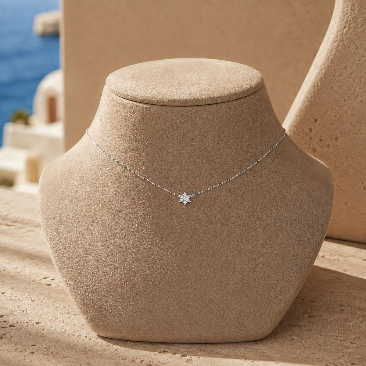 Petite yellow gold Star of David necklace with diamond pave detailing, rotated perspective by Alef Bet