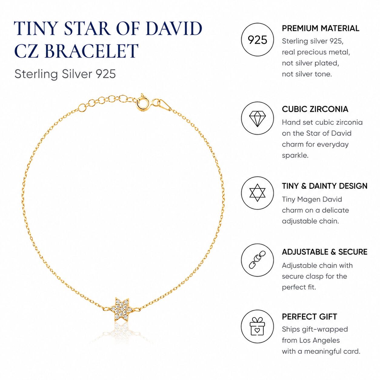 Jewish Star of David CZ Bracelet in Sterling Silver 925, dainty everyday sparkle built to stack