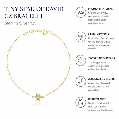 Jewish Star of David CZ Bracelet in Sterling Silver 925, dainty everyday sparkle built to stack