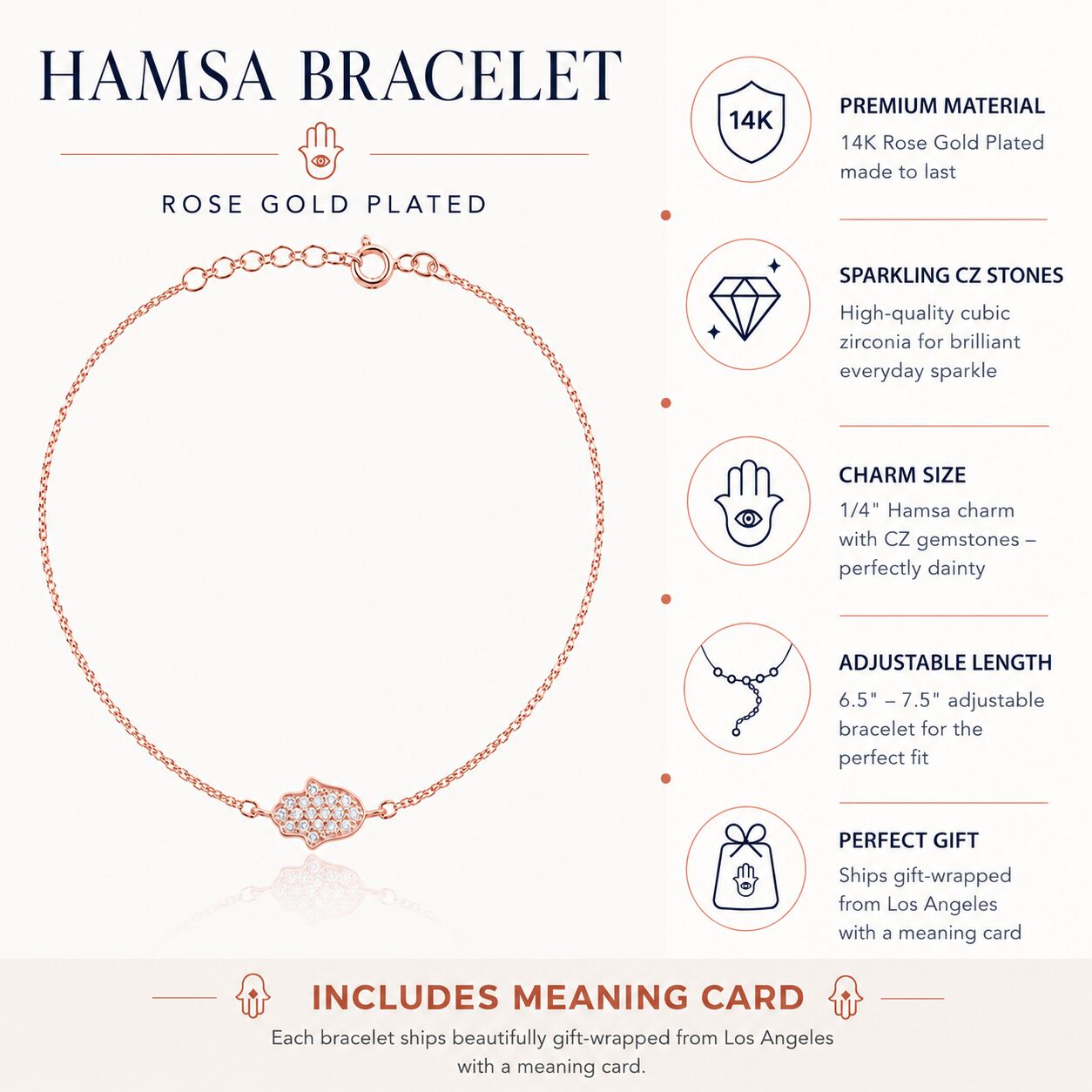 Rose gold hamsa bracelet featuring sparkling CZ stones, front view by Alef Bet