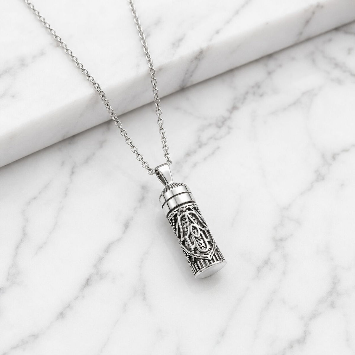 Mezuzah Hamsa Necklace Sterling Silver 925 with Hebrew Prayer Scroll, two symbols of protection worn as one
