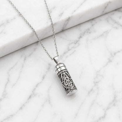 Mezuzah Hamsa Necklace Sterling Silver 925 with Hebrew Prayer Scroll, two symbols of protection worn as one