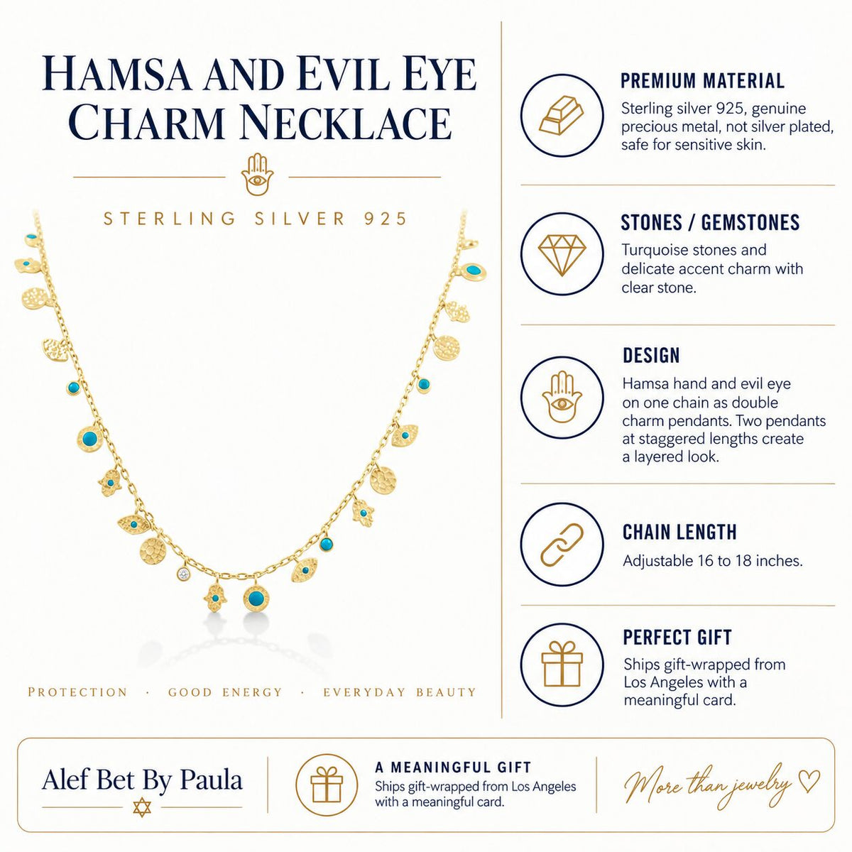 Silver hamsa evil eye charm necklace layered styling with sterling silver chain by Alef Bet