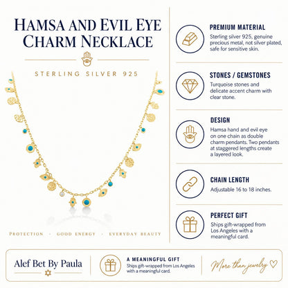 Silver hamsa evil eye charm necklace layered styling with sterling silver chain by Alef Bet