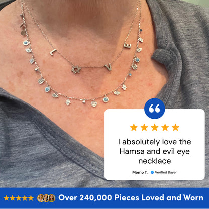 Sterling silver hamsa evil eye charm necklace chain detail with high-polish charms by Alef Bet
