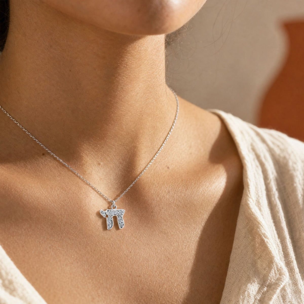 Jewish Chai Necklace Sterling Silver 925 with Cubic Zirconia, the Hebrew symbol of life you wear every day