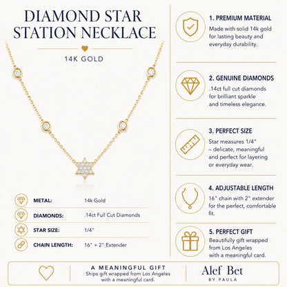Jewish star diamond necklace 14k gold bezel setting three-quarter angle by Alef Bet