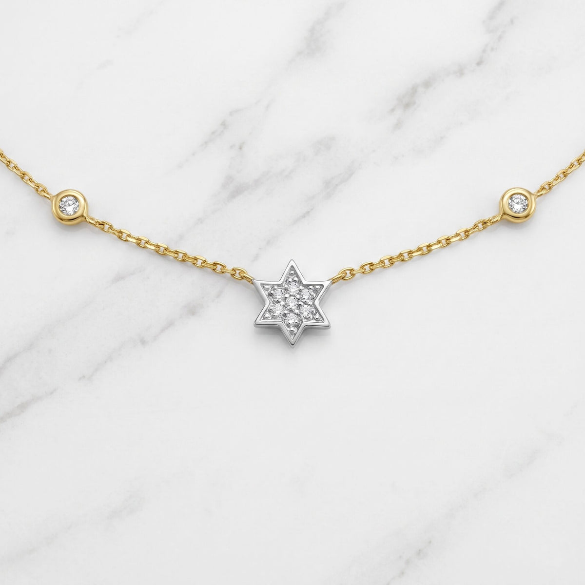 14k gold jewish star necklace bezel-set diamond accents full product view by Alef Bet