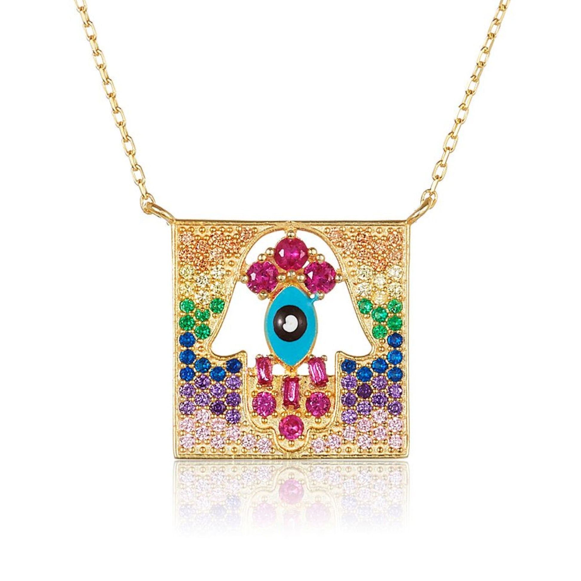 Hamsa pendant in 14k gold with pave-set gemstones and filigree detailing by Alef Bet