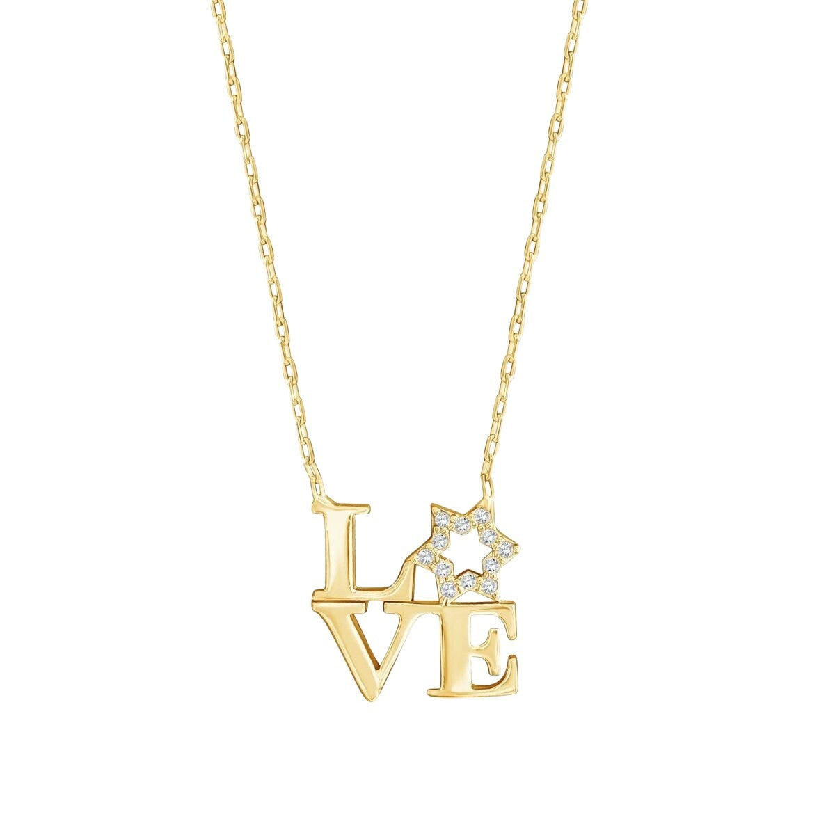 Sterling silver love letter necklace featuring sparkling cubic zirconia, shaped as L V E with a Star of David for O, adjustable chain.