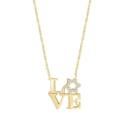 Sterling silver love letter necklace featuring sparkling cubic zirconia, shaped as L V E with a Star of David for O, adjustable chain.