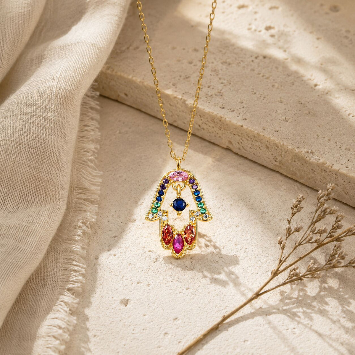 Multicolor CZ Hamsa Necklace in 14k Gold Plated Sterling Silver 925, the joyful protection piece