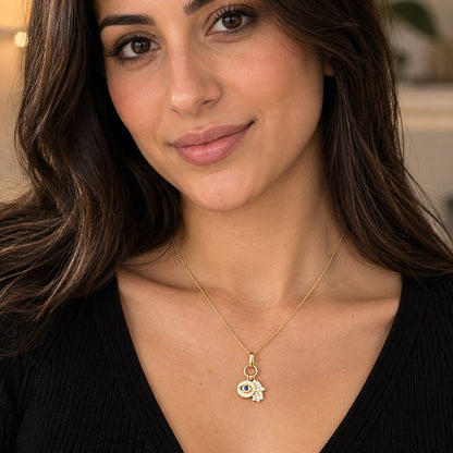 14K gold necklace with hamsa and evil eye charms, sapphire and diamond inlay by Alef Bet