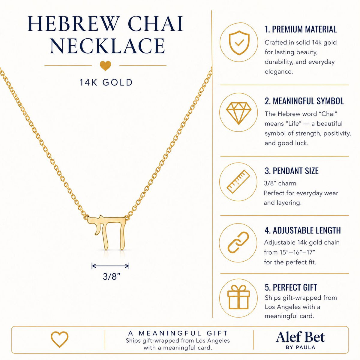 Hebrew Chai necklace in 14k gold showing adjustable clasp mechanism by Alef Bet