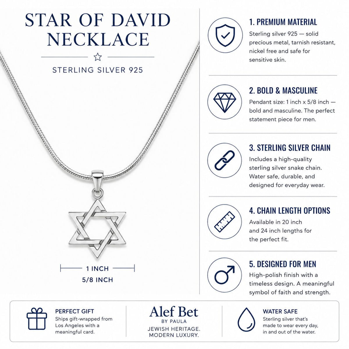 Sterling silver Star of David mens necklace with satin-finish overlapping triangle design by Alef Bet