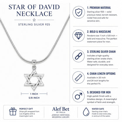 Sterling silver Star of David mens necklace with satin-finish overlapping triangle design by Alef Bet