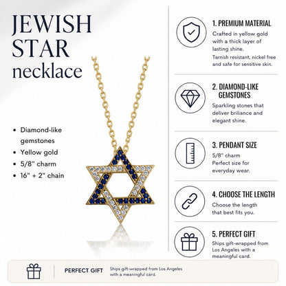 Blue CZ Jewish Star of David Necklace in 14k Gold Plated Sterling Silver 925, Israeli Flag Colors You Can Wear Every Day